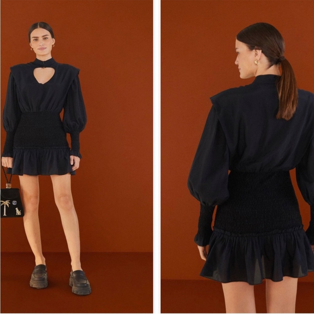 NWOT FARM RIO Heart Neckline Mini Dress
Smocked Skirt Ruffle In Black Size S